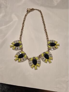 J.Crew Neon Yellow, Black, and Opalescent Stone Statement Necklace with Gold-Ton
